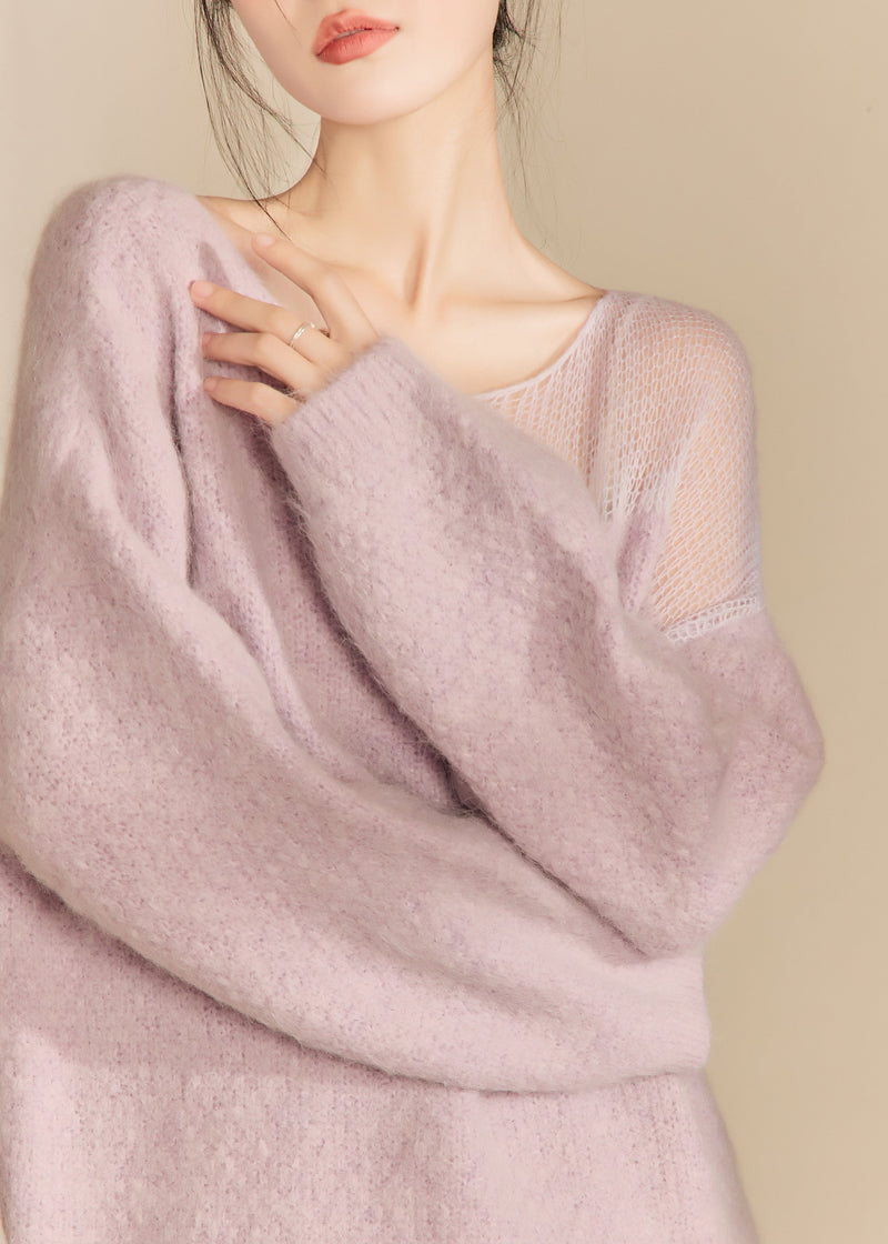 French Purple O Neck Hollow Out Woolen Sweater Tops Spring