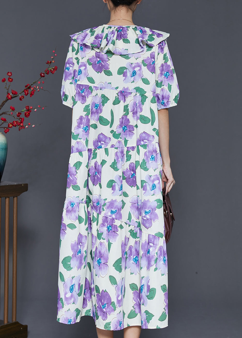 French Purple Peter Pan Collar Cotton Maxi Dresses Summer