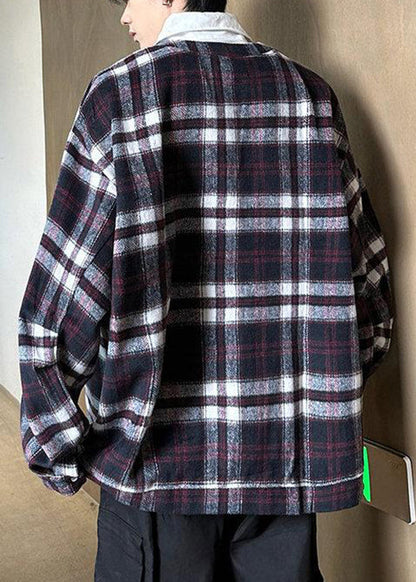 French Purple Plaid Button Patchwork Woolen Shirts Spring