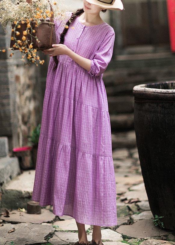 French Purple Plaid Clothes O Neck Patchwork Maxi Spring Dresses