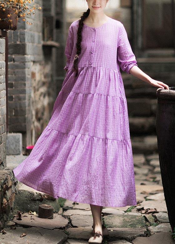 French Purple Plaid Clothes O Neck Patchwork Maxi Spring Dresses
