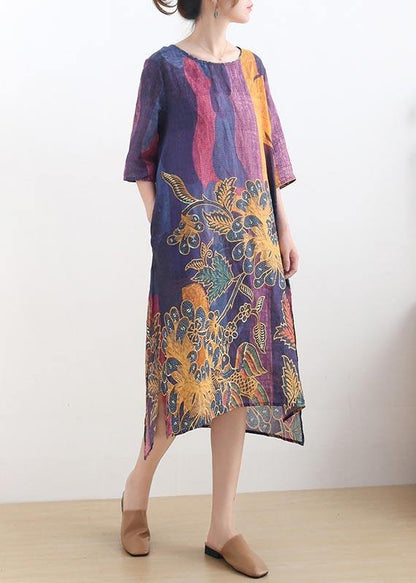 French Purple Print Side Open Summer Ramie Linen Dress