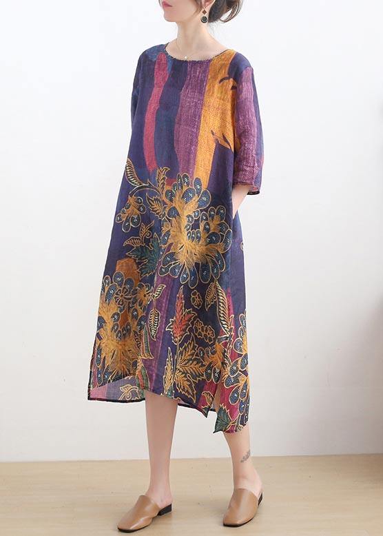 French Purple Print Side Open Summer Ramie Linen Dress