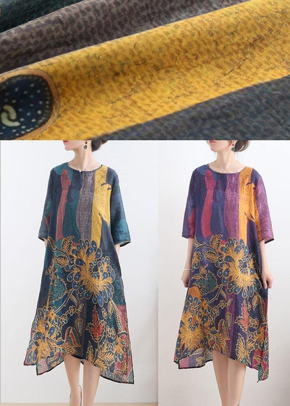 French Purple Print Side Open Summer Ramie Linen Dress