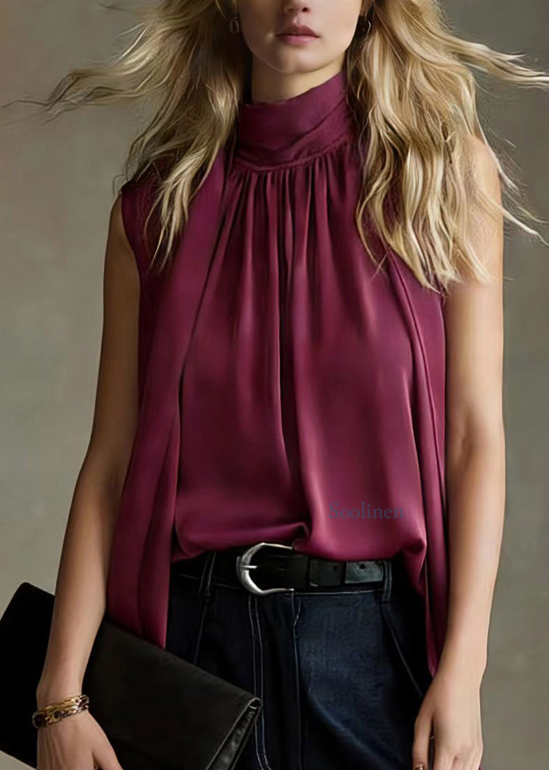 French Purple Ribbon Pleated Silk Top Sleeveless