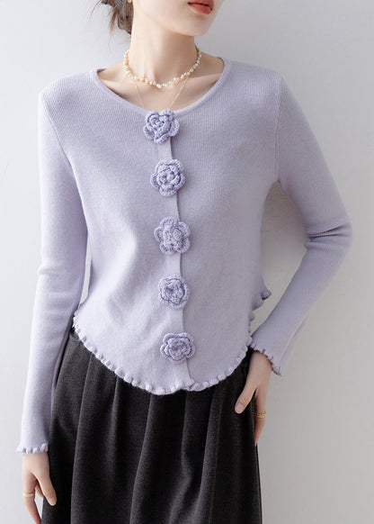 French Purple Ruffled Slim Fit Knitted Tops Spring