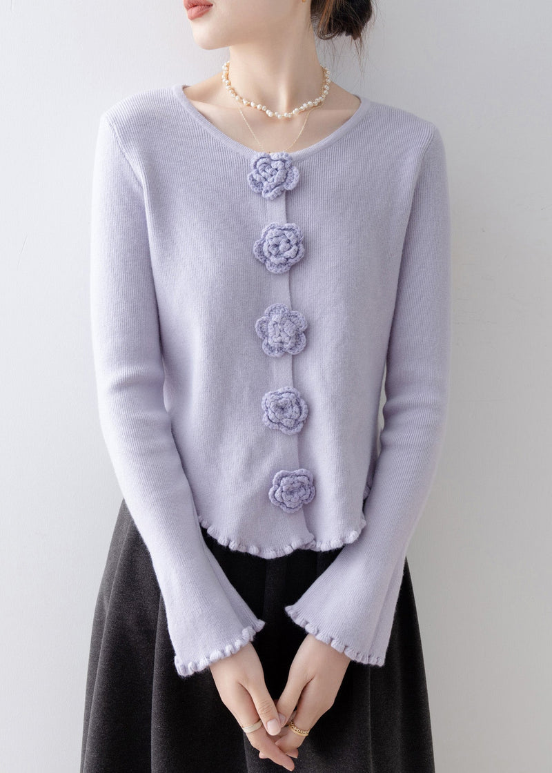 French Purple Ruffled Slim Fit Knitted Tops Spring