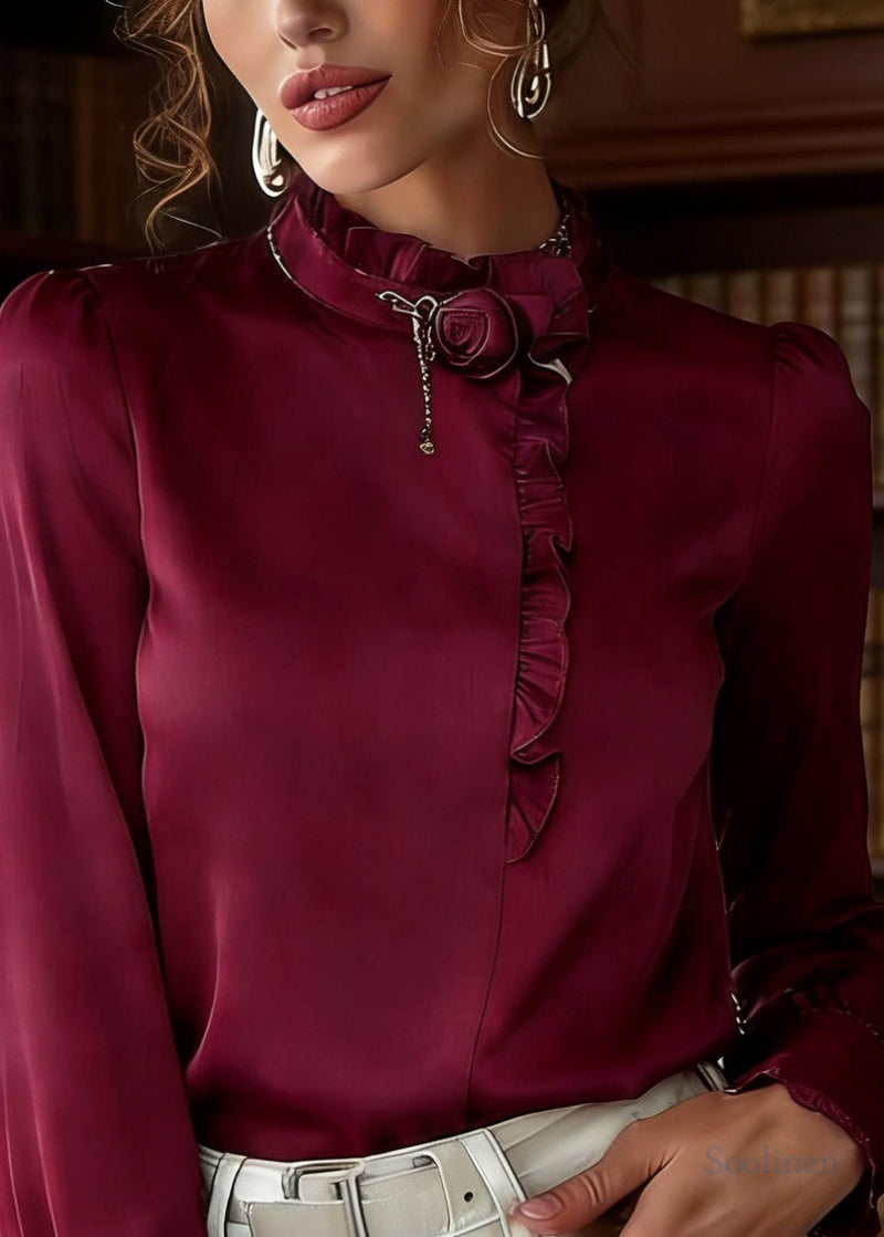 French Purple Ruffled Patchwork Silk Shirt Lantern Sleeve