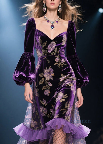 French Purple Ruffled Print Patchwork Velvet Dresses Spring