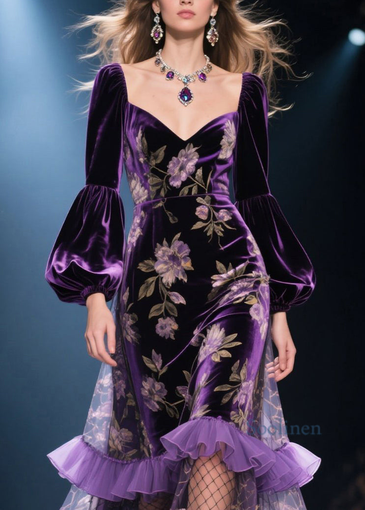 French Purple Ruffled Print Patchwork Velvet Dresses Spring