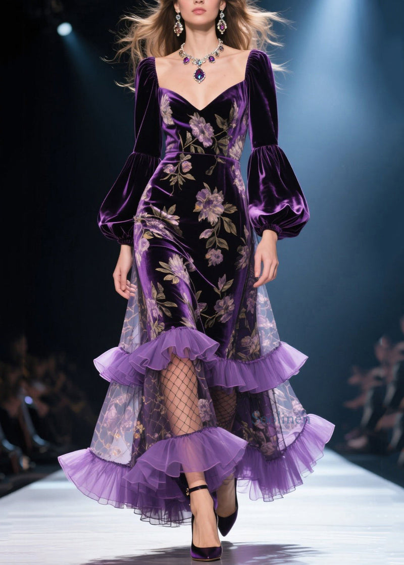 French Purple Ruffled Print Patchwork Velvet Dresses Spring