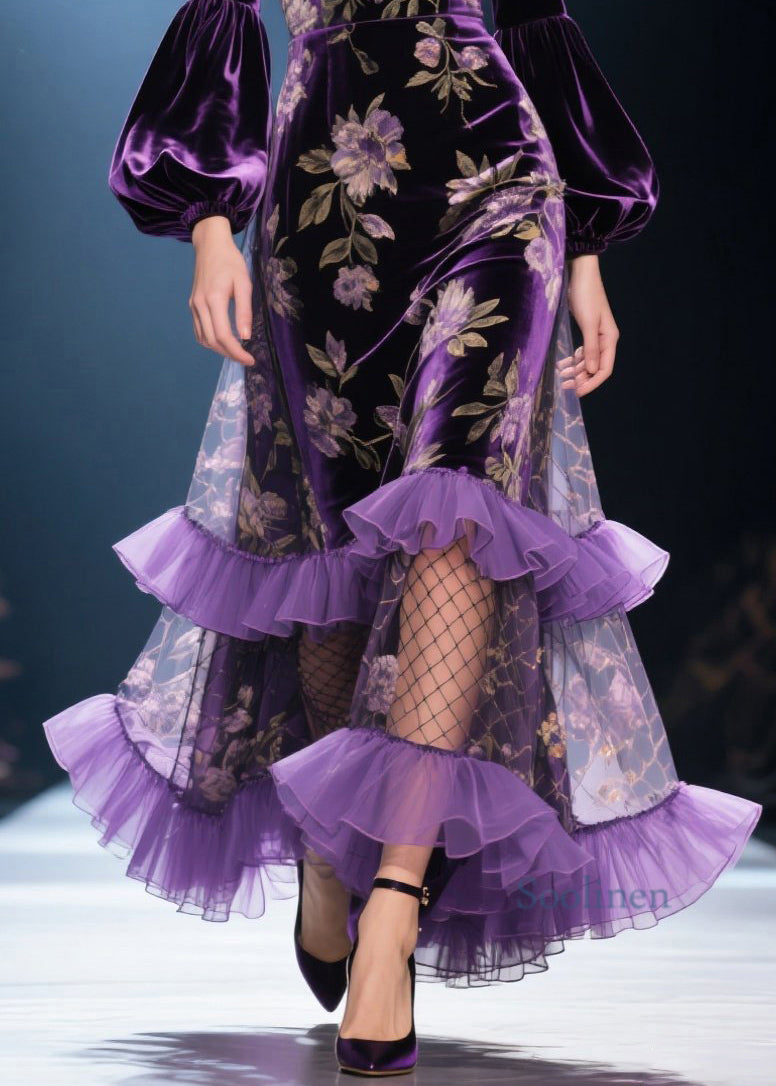French Purple Ruffled Print Patchwork Velvet Dresses Spring