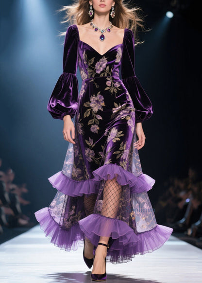 French Purple Ruffled Print Patchwork Velvet Dresses Spring