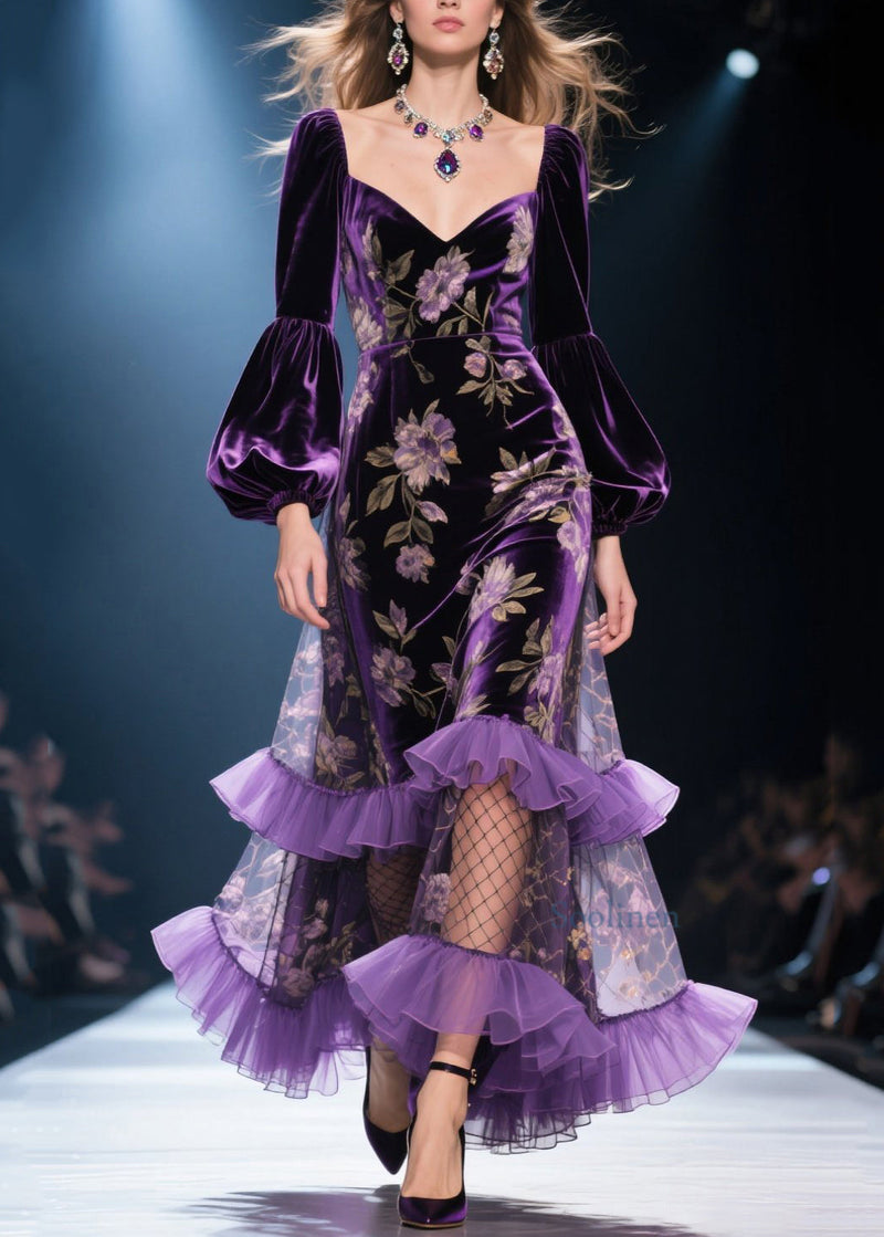 French Purple Ruffled Print Patchwork Velvet Dresses Spring