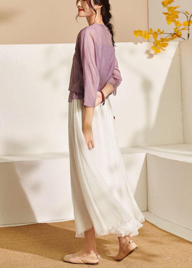 French Purple Tie Waist Embroideried Summer Top