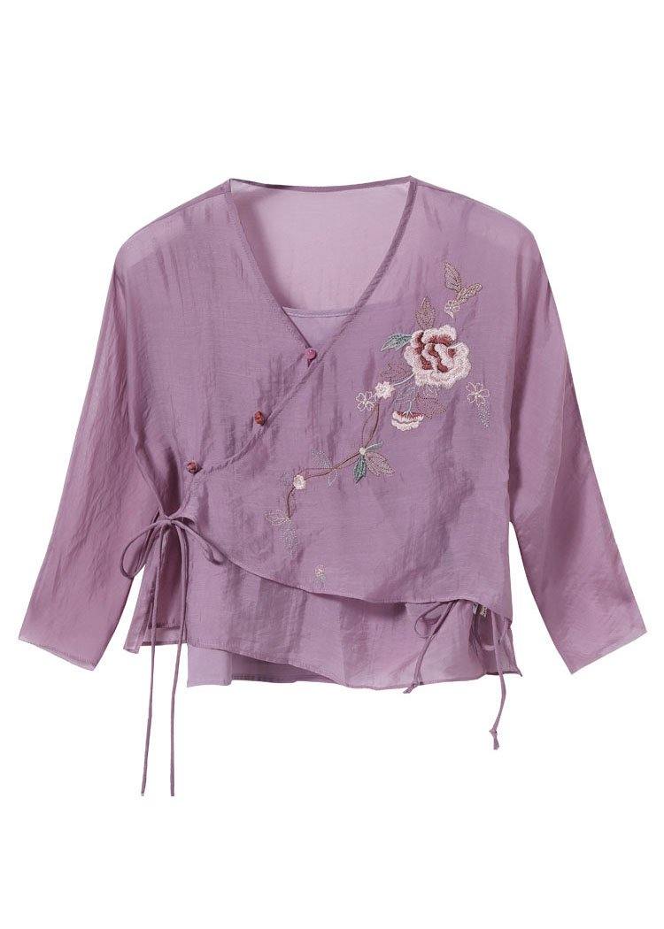 French Purple Tie Waist Embroideried Summer Top