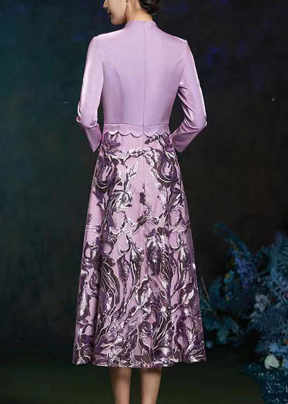 French Purple V Neck Embroidered Patchwork Silk Long Dresses Fall