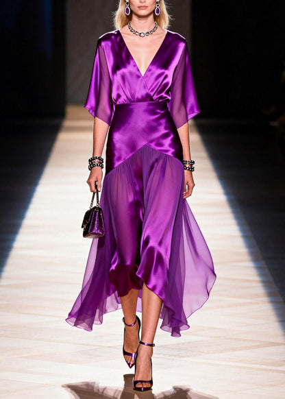 French Purple V Neck Patchwork Silk Dresses Summer