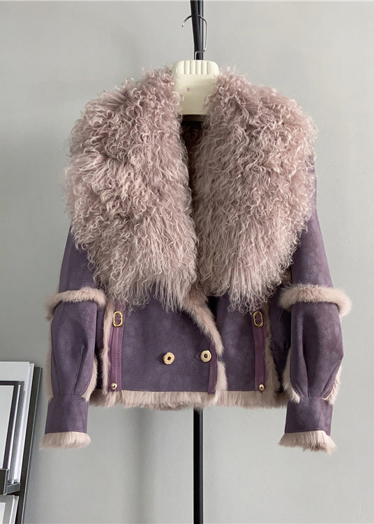 French Purple Wool Collar Patchwork Leather and Fur Jacket Winter