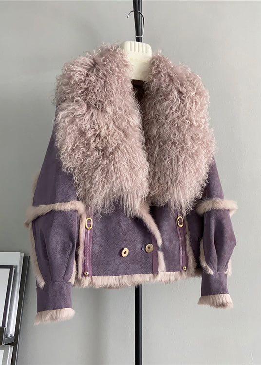 French Purple Wool Collar Patchwork Leather and Fur Jacket Winter