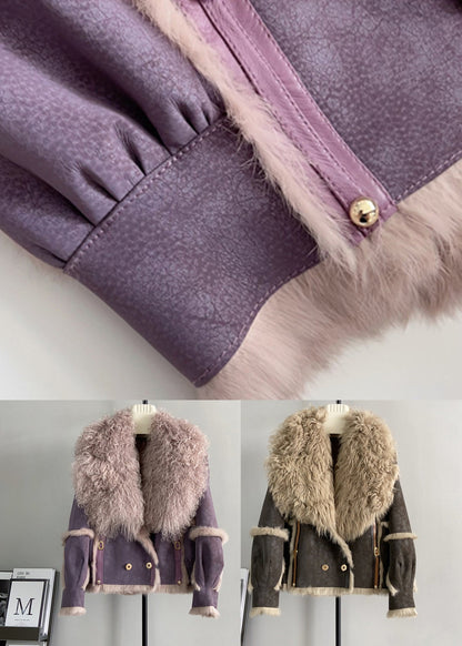 French Purple Wool Collar Patchwork Leather and Fur Jacket Winter