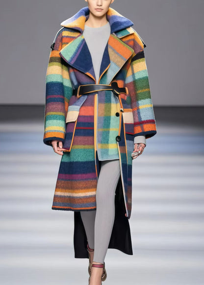 French Rainbow Asymmetrical Design Woolen Trench Fall