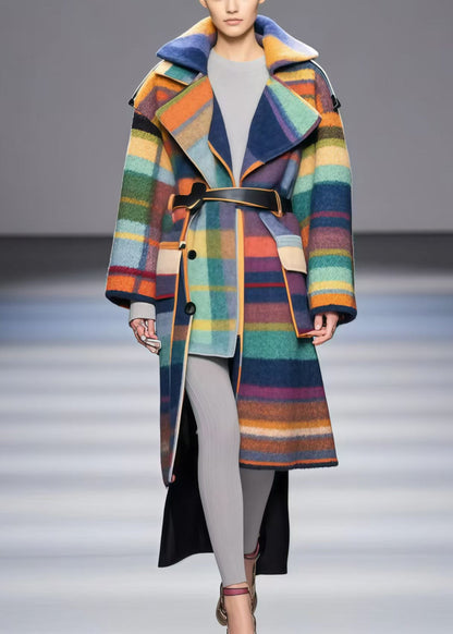 French Rainbow Asymmetrical Design Woolen Trench Fall