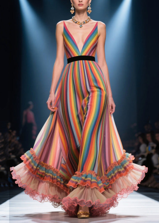 French Rainbow Deep-v Neck Patchwork Ruffled Chiffon Evening Dress Summer