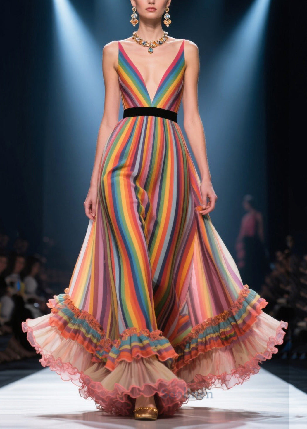 French Rainbow Deep-v Neck Patchwork Ruffled Chiffon Evening Dress Summer