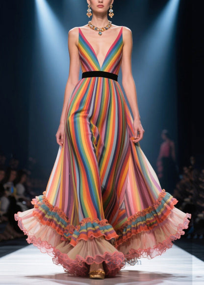 French Rainbow Deep-v Neck Patchwork Ruffled Chiffon Evening Dress Summer