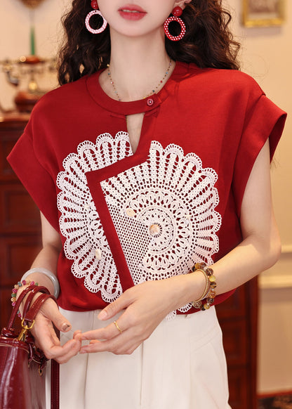 French Red Asymmetrical Patchwork Lace Tank Tops Summer