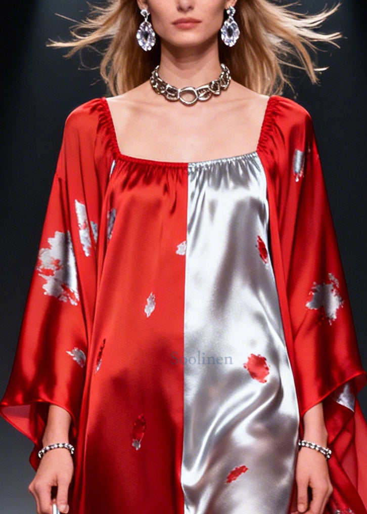 French Red Asymmetrical Patchwork Print Chiffon Maxi Dress Summer