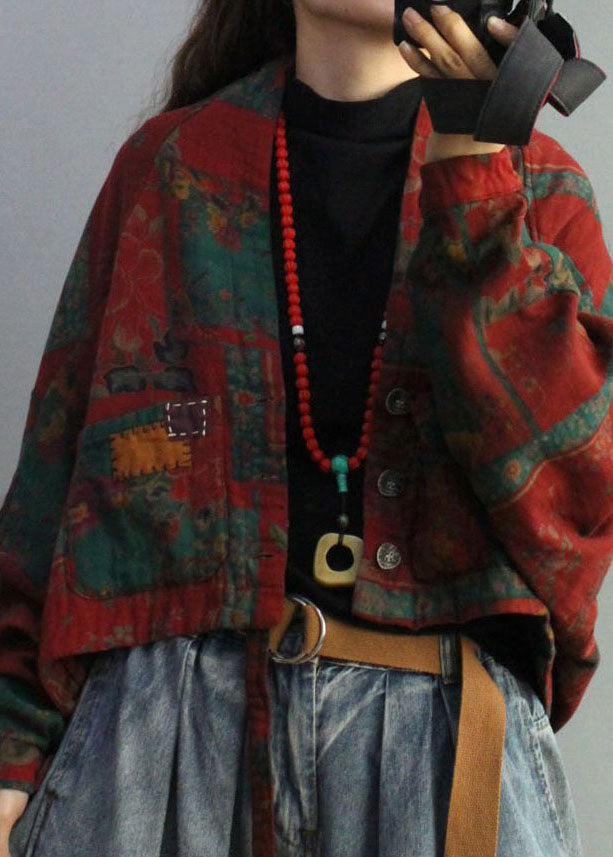 French Red Bat Wing Sleeve Print Low High Design Coat Winter