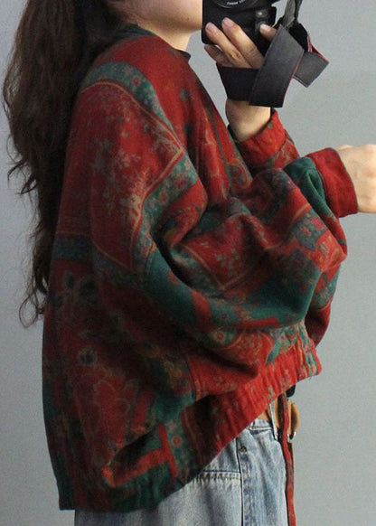 French Red Bat Wing Sleeve Print Low High Design Coat Winter