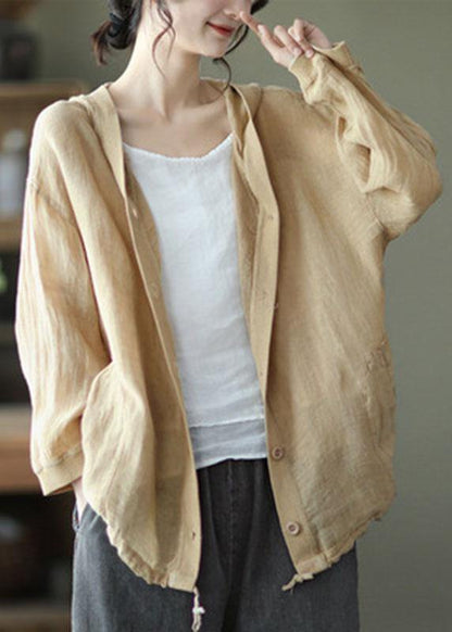 French Red Button Hooded Ramie Long Sleeve Shirt Tops