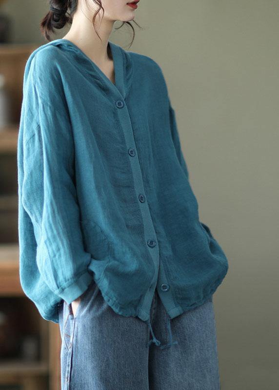 French Red Button Hooded Ramie Long Sleeve Shirt Tops