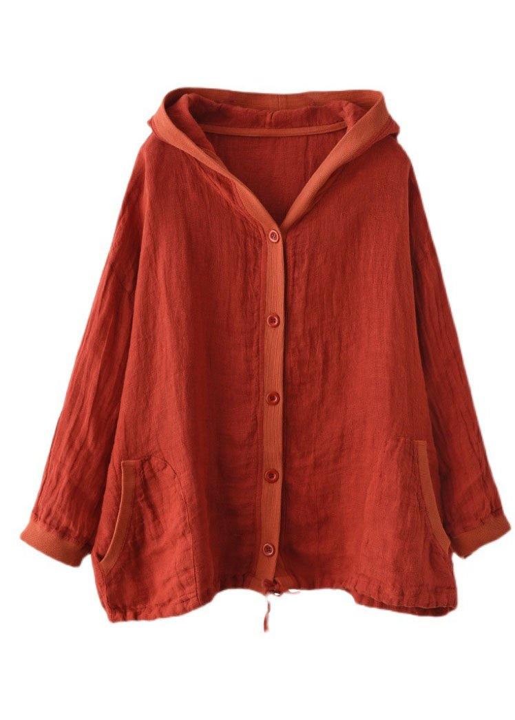 French Red Button Hooded Ramie Long Sleeve Shirt Tops