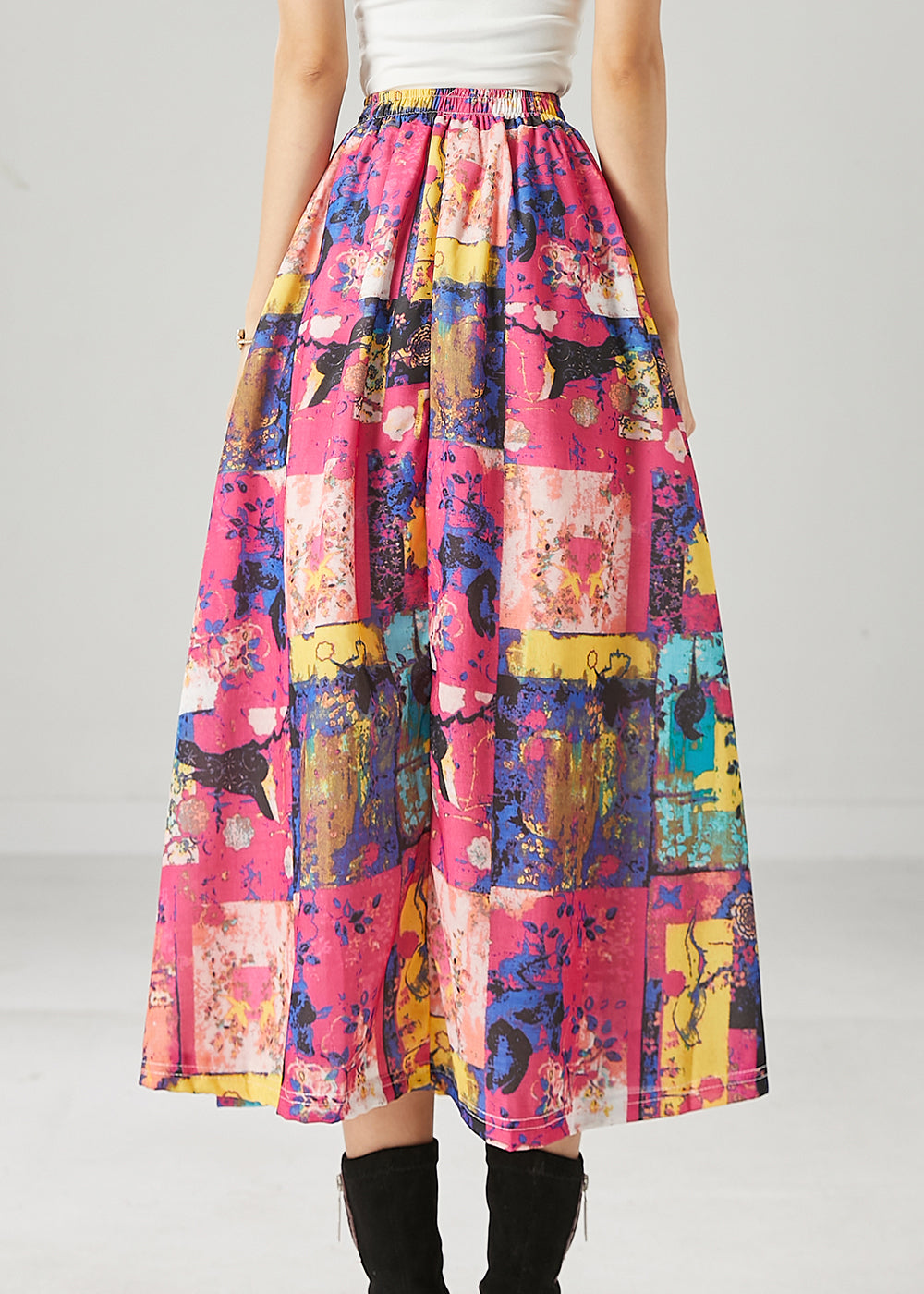 French Red Elastic Waist Print Cotton a Line Skirts Spring