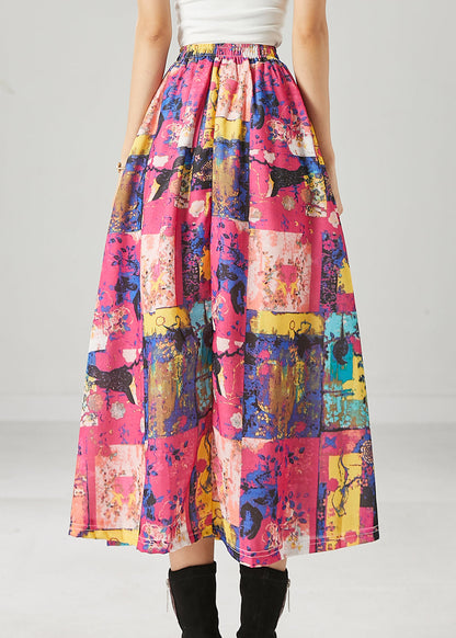 French Red Elastic Waist Print Cotton a Line Skirts Spring