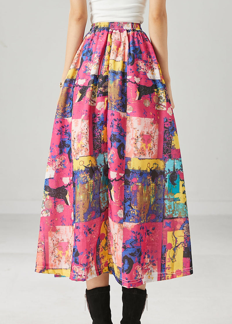 French Red Elastic Waist Print Cotton a Line Skirts Spring
