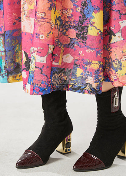 French Red Elastic Waist Print Cotton a Line Skirts Spring