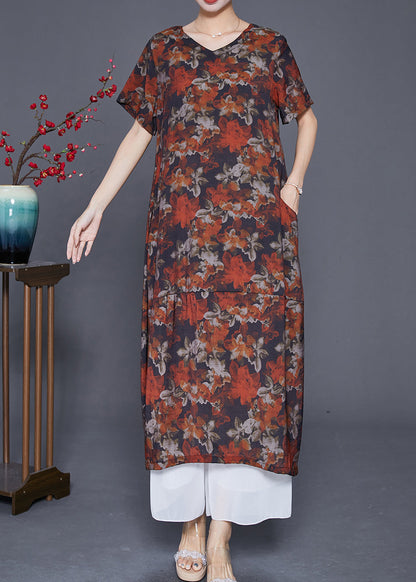 French Red Patchwork Linen Straight Dress Summer
