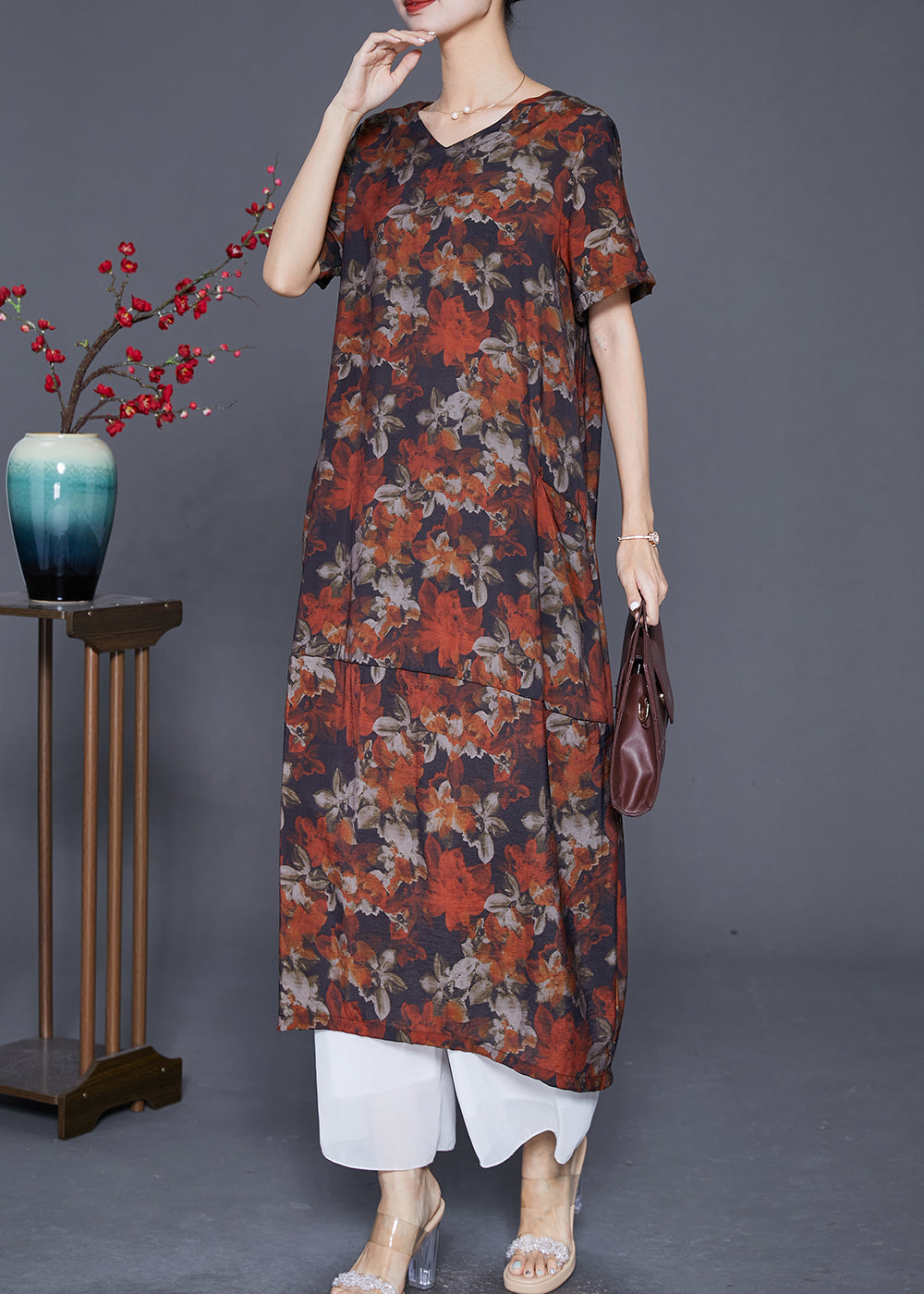 French Red Patchwork Linen Straight Dress Summer