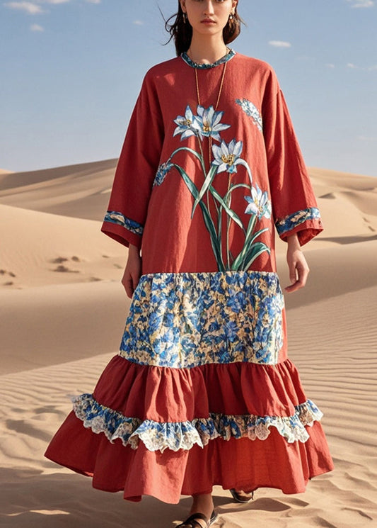 French Red Patchwork Ruffled Cotton Long Dresses Spring