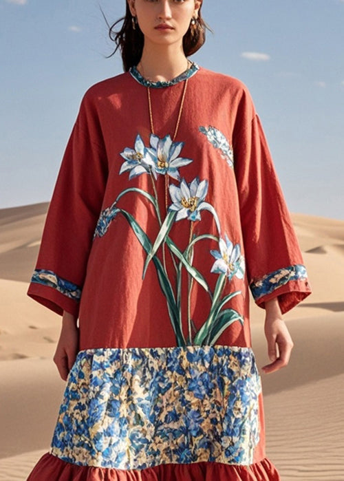 French Red Patchwork Ruffled Cotton Long Dresses Spring
