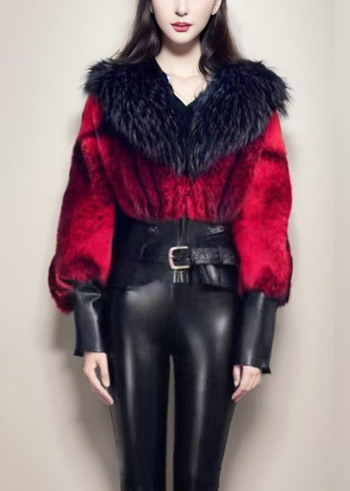 French Red Fox Collar Patchwork Leather and Fur Coats Winter