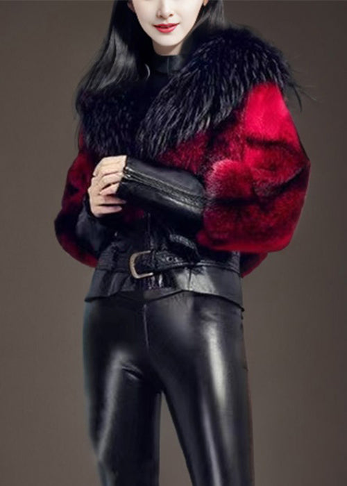 French Red Fox Collar Patchwork Leather and Fur Coats Winter