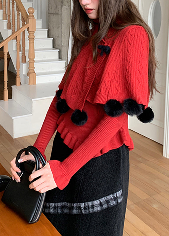 French Red Fuzzy Ball Decorated Cotton Knit Cloak and Sweaters Two-piece Set Spring