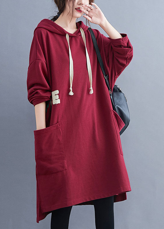 French Red Hooded Graphic Cotton Sweatshirt Dress Winter