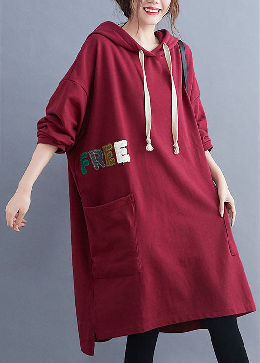 French Red Hooded Graphic Cotton Sweatshirt Dress Winter